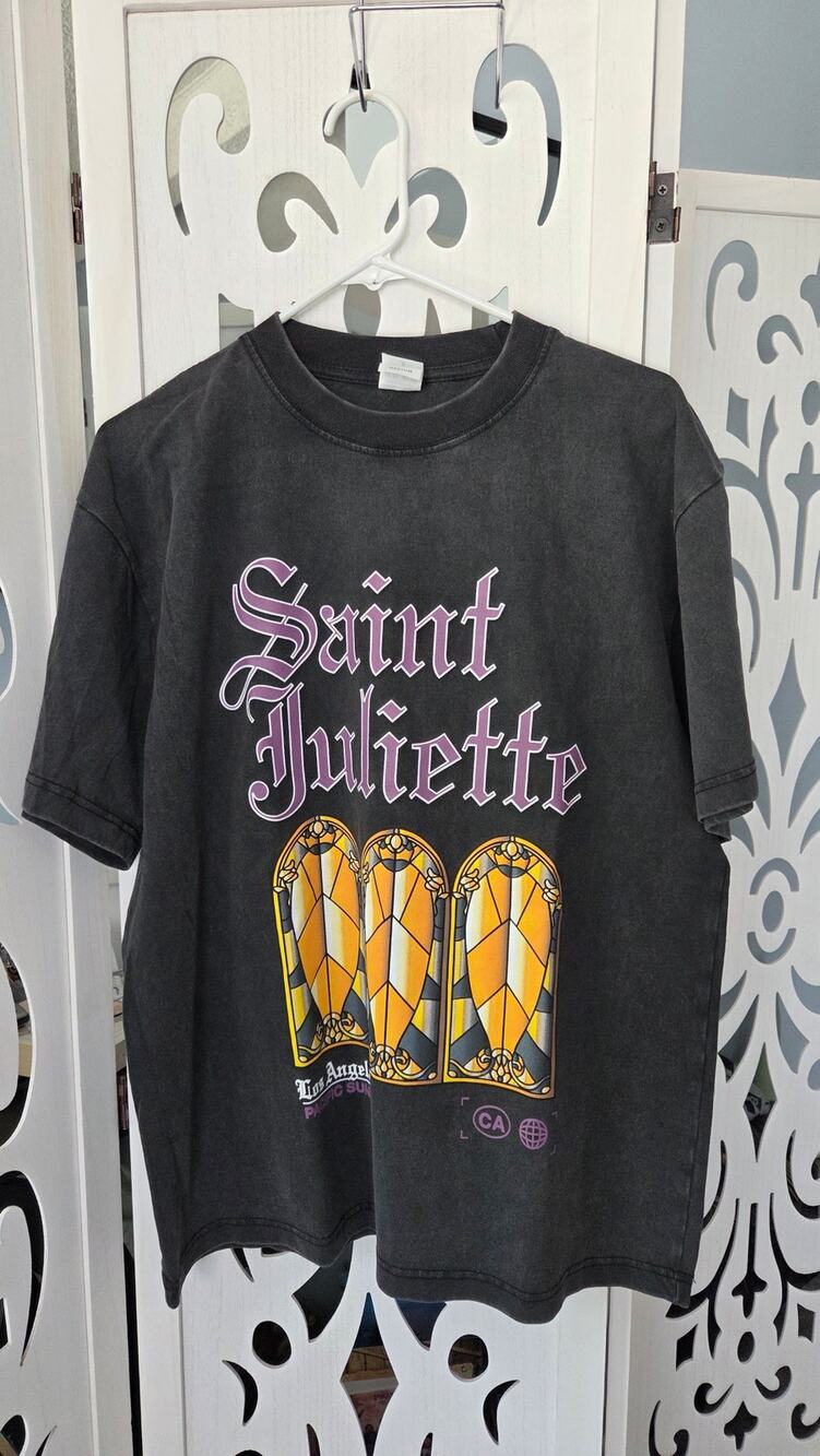 PacSun Saint Juliette Graphic Tee Charcoal Grey Acid Wash Stained Glass Shirt M